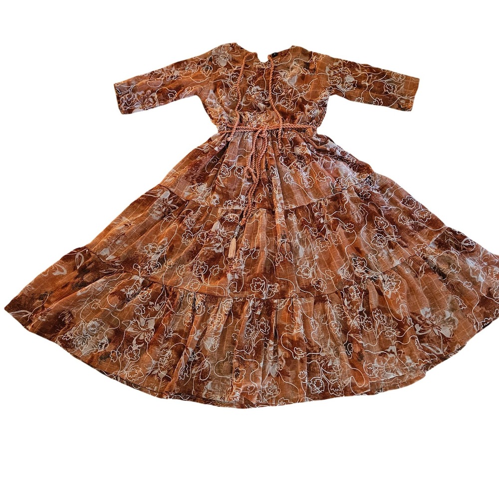 Custom Made Tiered Floral Embroidered Cottagecore Dress Rust S/M Midi Boho